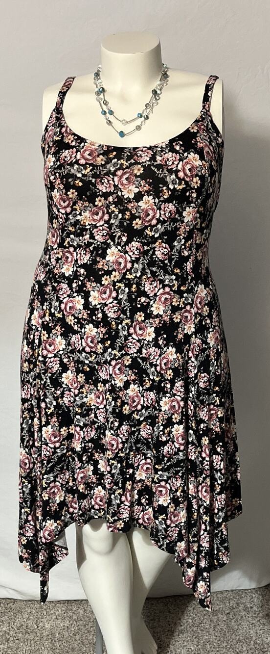 Torrid 3 3X Floral Cami Dress Black Pink Cream Handkerchief Hem Adjustable Strap